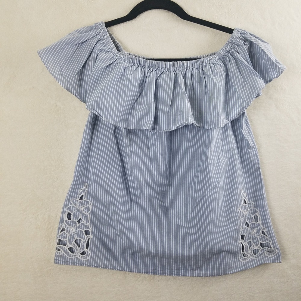 Merona‎ Blue White Stripe Off Shoulder Ruffle Top Eyelet Detail XS